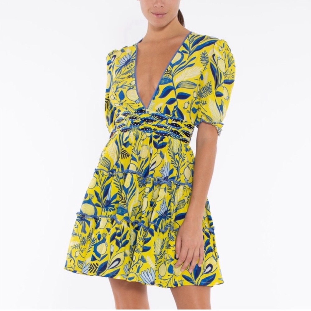 NWT TAJ By Sabrina Castelli Mini Dress in Yellow Millie Flower.